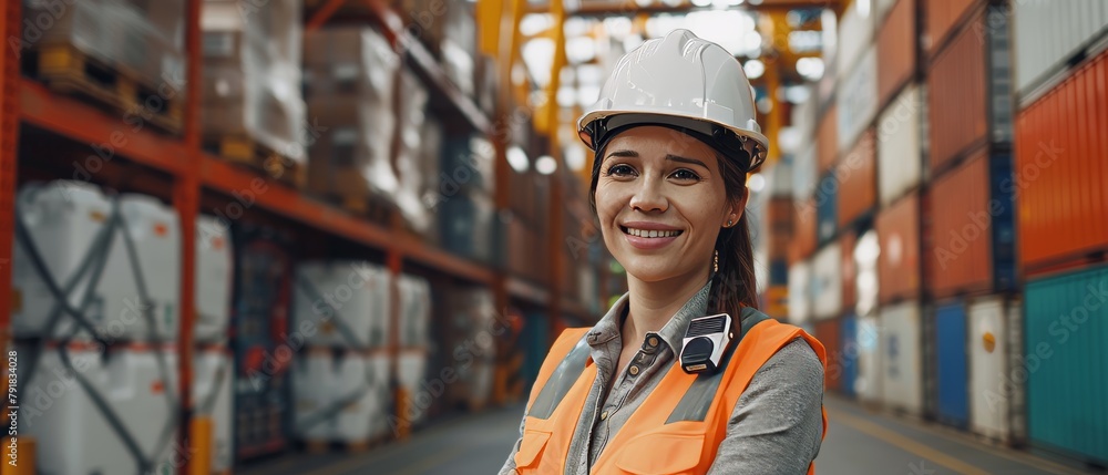 This is a photo of a beautiful Hispanic female industrial engineer wearing a hard hat and a safety vest working in a container terminal. It has a two-way radio and a two-way camera. This is a photo of a beautiful Hispanic female industrial engineer wearing a hard hat and a safety vest working in a container terminal. It has a two-way radio and a two-way camera.