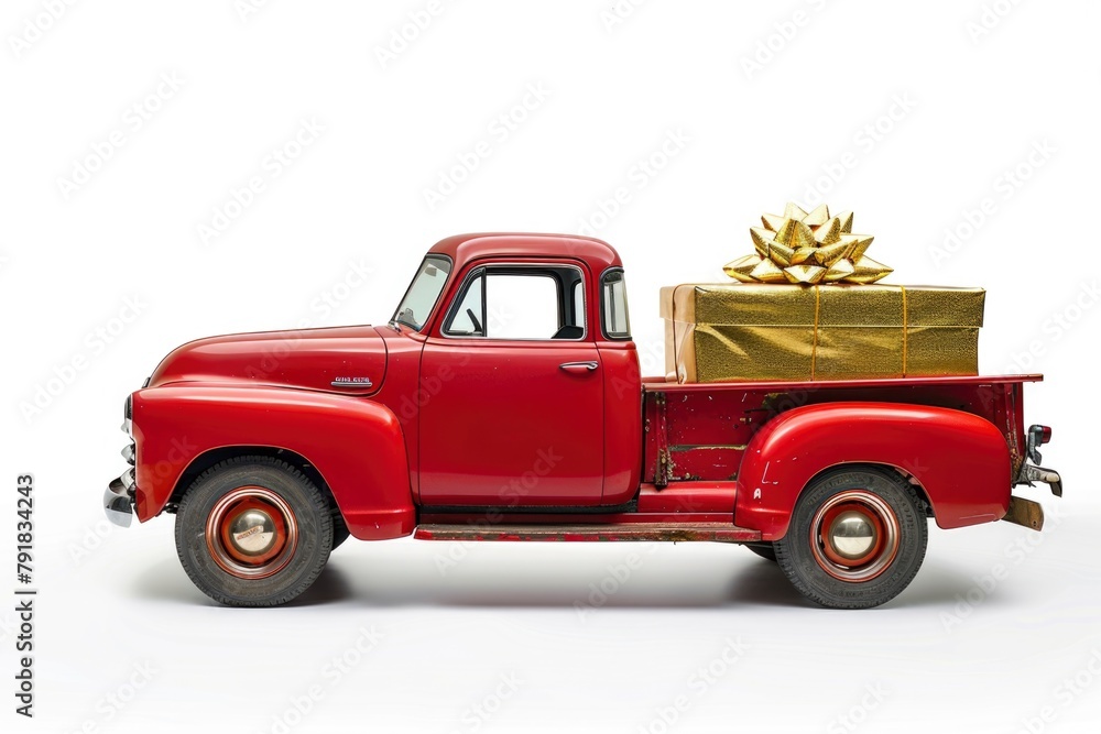 Side view of an old red truck carrying large gold colored Christmas gifts isolated on white background