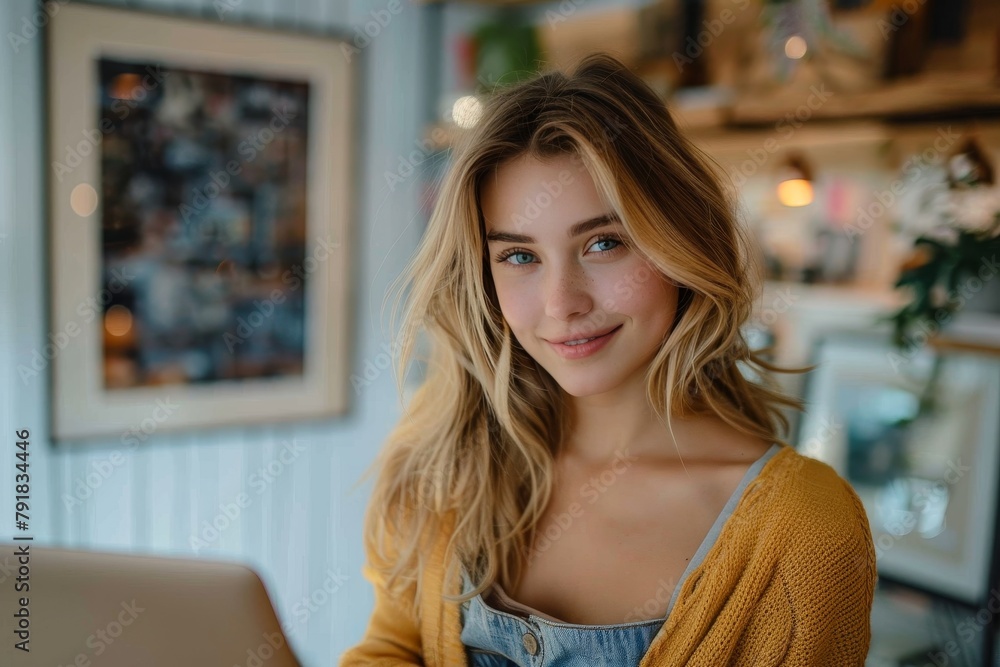 With her gentle smile and casual style, this woman's presence complements the creative ambiance of a trendy cafe With her gentle smile and casual style, this woman's presence complements the creative ambiance of a trendy cafe