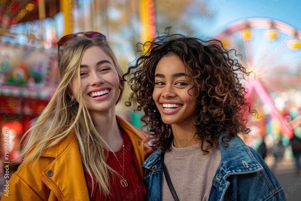 Two happy young women posing together with joyous smiles at a colorful carnival background Two happy young women posing together with joyous smiles at a colorful carnival background