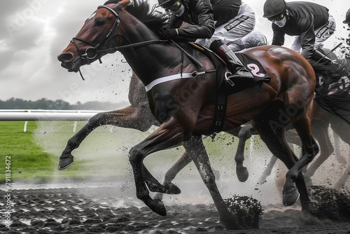 An adrenaline-fueled scene capturing horse racing on a wet track, showcasing the intensity and speed of the sport