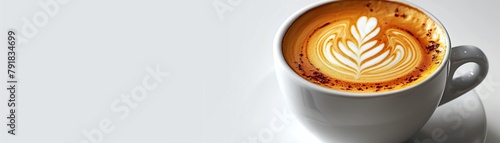 A cup of coffee with a beautiful latte art design on a white background.