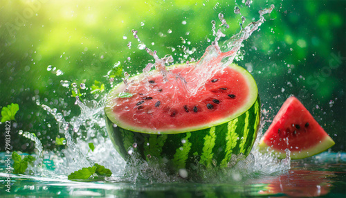 Watermelon with splashes and drops of water on a green background