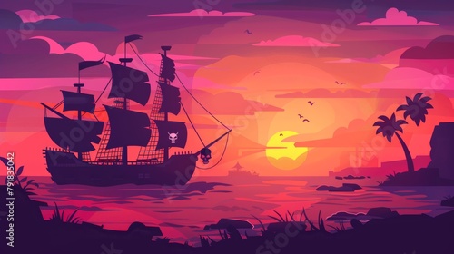An adventure game or book scene with a pirate ship embedded in a shallow area in the sea at sunset. Filibuster boat with black sails and pirate skull on island. Cartoon illustration.