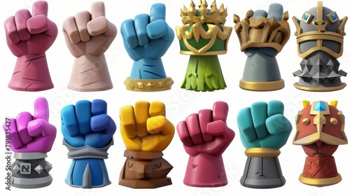 Symbols of ok, like, victory, agreement, and touching on white background. 3D render illustration showing hand gestures and handshakes. photo