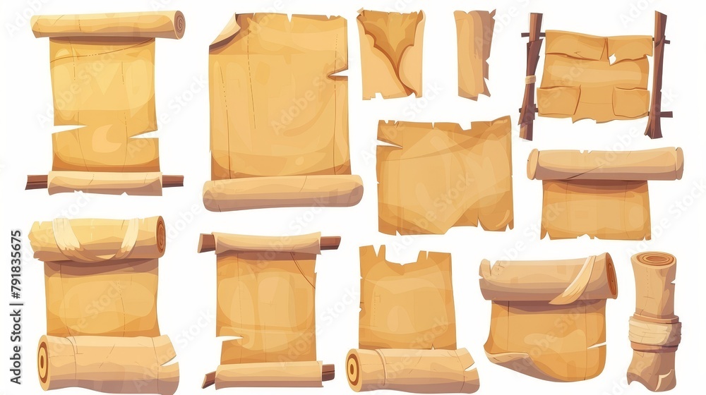 Ancient parchment scrolls, old manuscripts. Antique letters, rolled up documents, empty yellow paper sheets isolated on white, modern cartoon set. Ancient parchment scrolls, old manuscripts. Antique letters, rolled up documents, empty yellow paper sheets isolated on white, modern cartoon set.