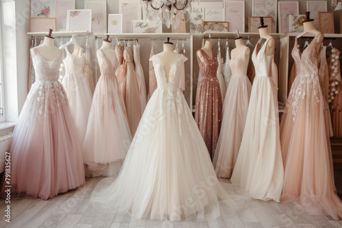 Beautiful wedding dresses on hangers in the wedding salon for the celebration