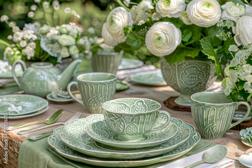 A festive table set with flowers and dishes for a festive celebration