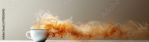 White cup of coffee with smoke coming out of it on a beige background. photo