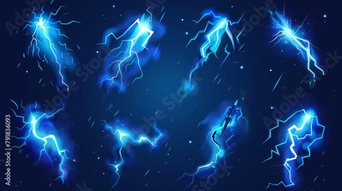 Electric energy impacts, shiny thunderstorm discharges with sparks isolated on dark background, modern cartoon set of blue lightnings and thunderbolts. photo