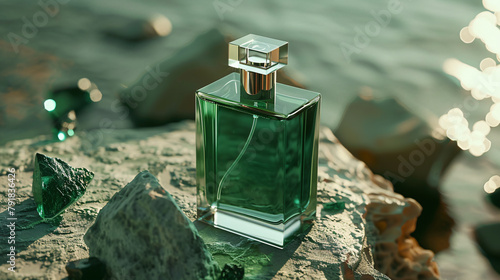 a close product photography style of a perfume on massy stone surrounded by river and nature photo