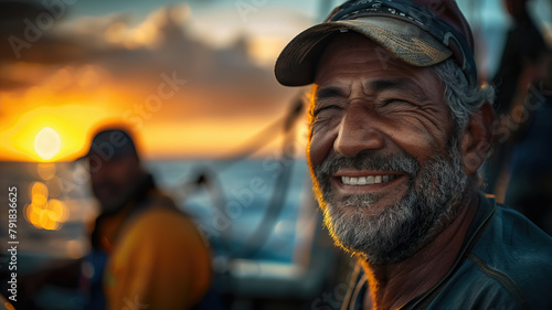 Group of fishermen sharing laughs and coffee at dawn before setting sail. A day in the hard life of professional fishermen.