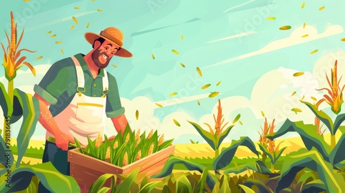 A farmer works on a cornfield with a pruner and wooden box, harvesting, farming concept with local villager on summer meadow landscape background, cartoon modern illustration. photo