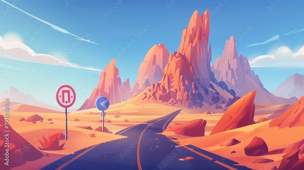 A car is traveling down a desert road with loose sand and mountains. A western desert landscape has orange rocks and an asphalt highway with a speed limit sign. Modern cartoon illustration with a - obrazy, fototapety, plakaty 