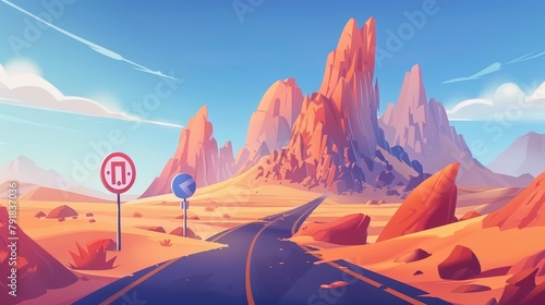 A car is traveling down a desert road with loose sand and mountains. A western desert landscape has orange rocks and an asphalt highway with a speed limit sign. Modern cartoon illustration with a photo