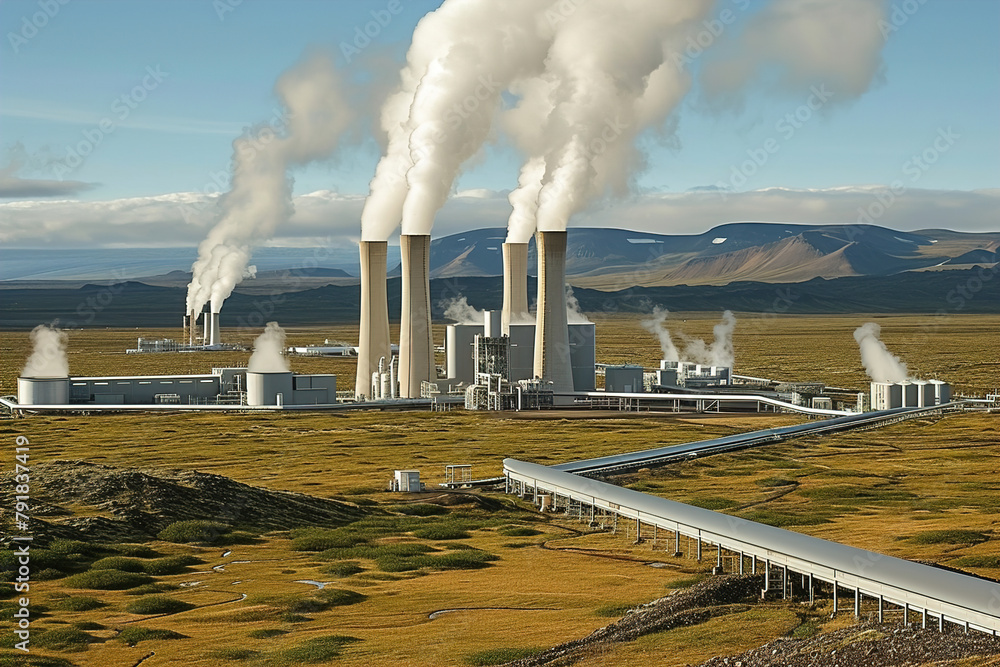 Harnessing of geothermal energy for power generation, featuring ...