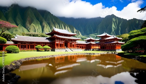 Byodo-In-Temple-sits-at-the-foot-of-the-Koolau-mountains-in-the-Valley-of-the-Temples-on-Oahu--Hawaii photo