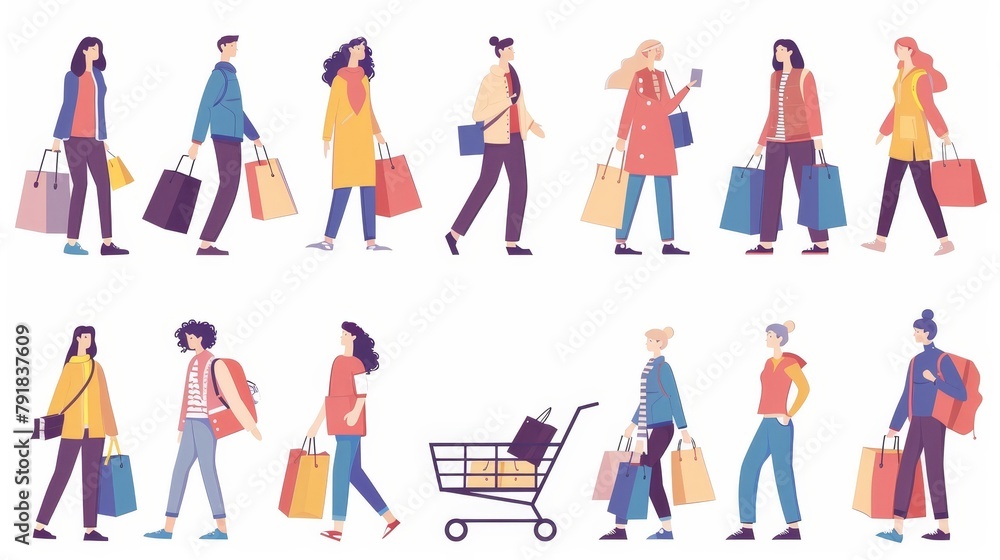 Customers with trolleys and paper bags buying purchases in shop, mall or boutique. Men, women and kids customers purchasing in store Cartoon linear flat modern illustration.