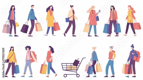 Customers with trolleys and paper bags buying purchases in shop  mall or boutique. Men  women and kids customers purchasing in store Cartoon linear flat modern illustration.