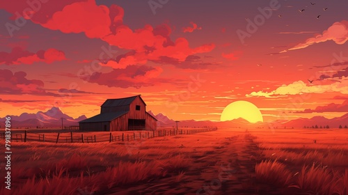 A rustic barn in the middle of a field with the sunset on background