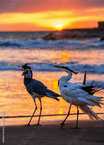A dancing couple bird on the beach  Illustration AI Generative.