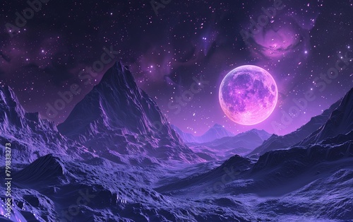 Two moons illuminated the sky above the purple planet's mountains, creating a mesmerizing view near a cosmic wormhole.