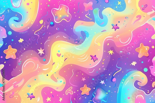 A kaleidoscope of color! Pink, blue, green, purple, yellow, and orange intertwine in an abstract design, all under a magical blanket of stars.