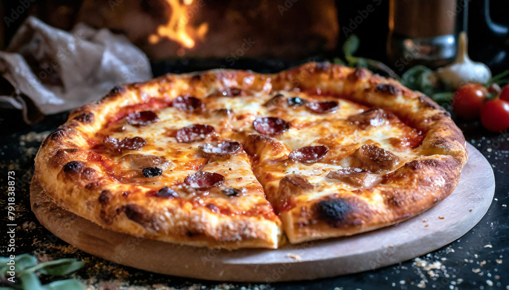 Close-up of a freshly baked pizza, getting right from the oven in vintage style Close-up of a freshly baked pizza, getting right from the oven in vintage style