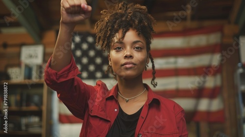 A confident young Black American proudly raises their fist in front of the American flag, protesting peacefully for racial equality and justice - supporting the Black Lives Matter movement. photo