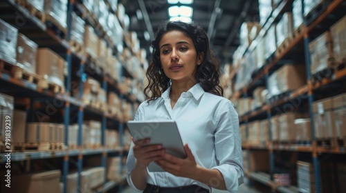 Indian woman working in warehouse using tablet to input data