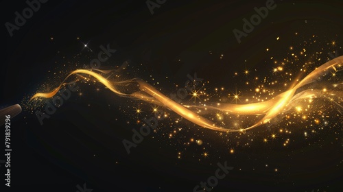 Magic wand trace, magician spell, wizard or fairy shining lightning, gold wave on black background, golden stars, glowing gold stars, realistic modern illustration with gold wave on black background.