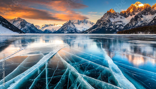 Ice pattern on frozen lake. sunrise over the mountains #791839299