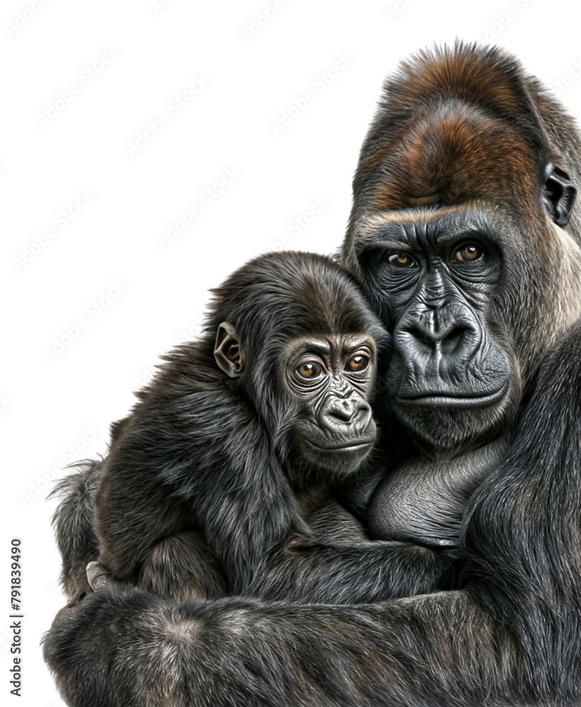 Portrait of a gorilla mother holding its baby in her arm, isolated on a transparent background Portrait of a gorilla mother holding its baby in her arm, isolated on a transparent background