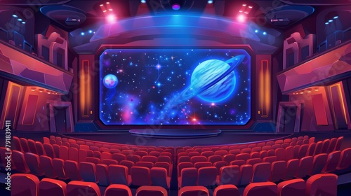3d visualization of galaxy, planets, and stars in outer space on a three-sided cinema screen. Cinema auditorium or planetarium with audience seats.