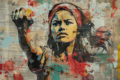 Wallpaper Mural A feminist activist portrayed in a vibrant urban mural, blending graffiti, newspaper clippings, and a myriad of colors in a striking artistic display of empowerment and activism. Torontodigital.ca