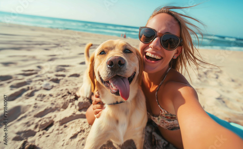 Selfie portrait of a beautiful woman with her retriever dog on the beach by the sea, while traveling and walking.