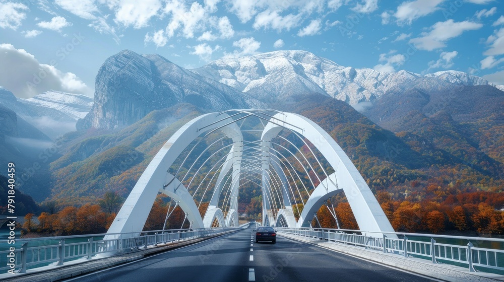 Geometry futuristic ark bridge with mountain on background