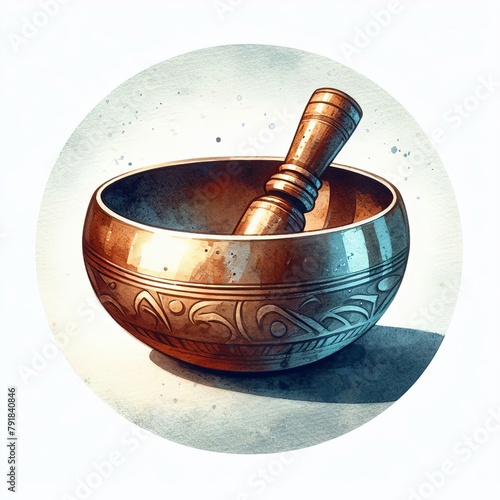 Tibetan Singing Bowl. A round icon with a Tibetan singing bowl. Drawing with watercolor. 