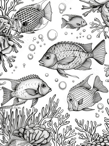 A black and white drawing featuring a group of fish swimming together in a fluid motion, showcasing their elegant movement and coordination