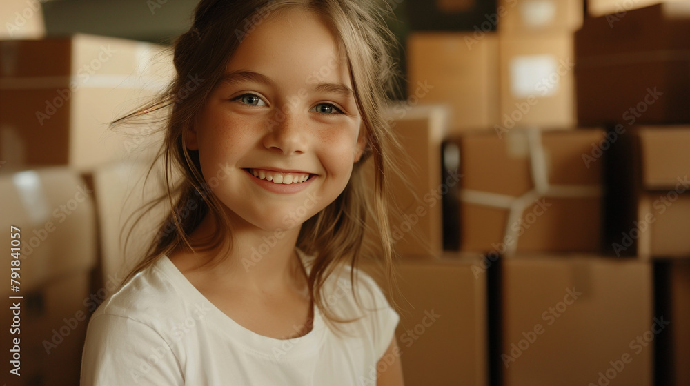A cute happy little girl infront of moving boxes. Moving house or apartment with happy. concepts of relocation with child, packing for house removals. A cute happy little girl infront of moving boxes. Moving house or apartment with happy. concepts of relocation with child, packing for house removals.