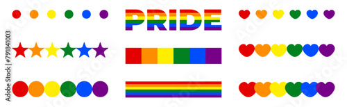 Set of colorful symbols. Vibrant collection of Rainbow-Colored shapes arranged in rows, isolated on a transparent background. Elements for Pride Month. Vector illustration