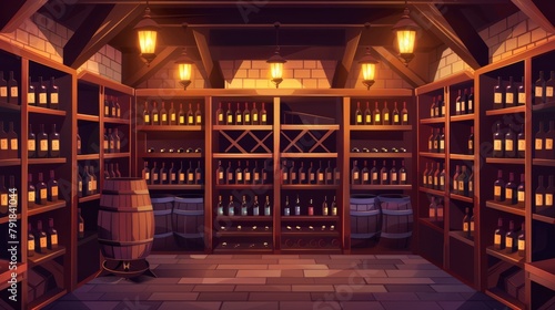 A wine cellar interior with wooden shelves and a wine rack. A food storage or store in the basement of a building with glowing lamps and boards on the walls, Cartoon modern illustration.
