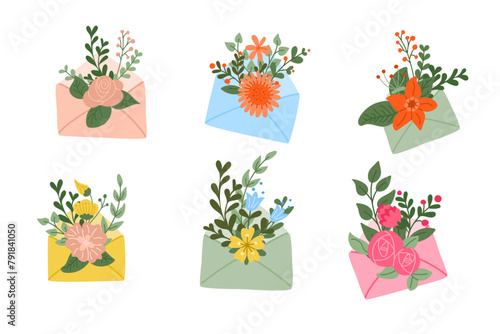 Set of abstract floral compositions with envelopes. Flat hand drawn colored elements on white background. Unique print design for printout, poster, stickers