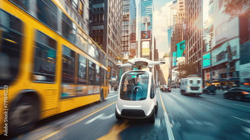 A driverless car navigates through a city, passing a yellow bus on a bustling avenue as evening approaches photo