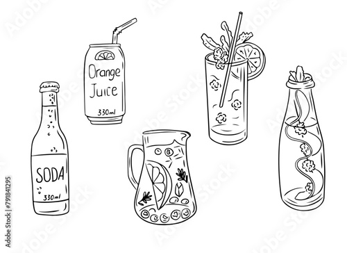 Monochrome set with glasses of cold drinks in doodle style. Contour vector composition isolated on white background. Hand drawn sketchy drawing