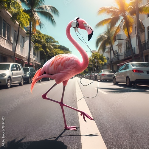 pink flamingo listening music and dancing photo