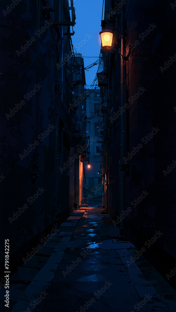 A mysterious alleyway bathed in the soft glow of streetlights, with shadows lurking in the darkness, AI Generative