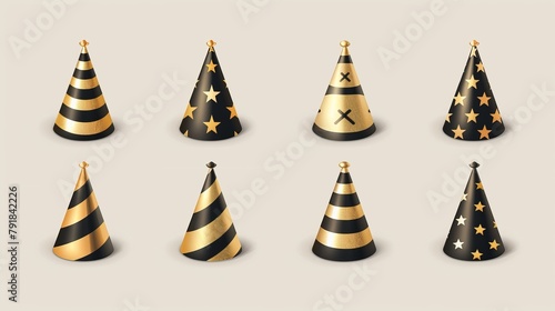 Carton cones for celebrations Realistic 3d modern icons set with party hats, birthday caps, polka dots, stars, waves, spirals, hearts, scales, or harlequin rhombus patterns.