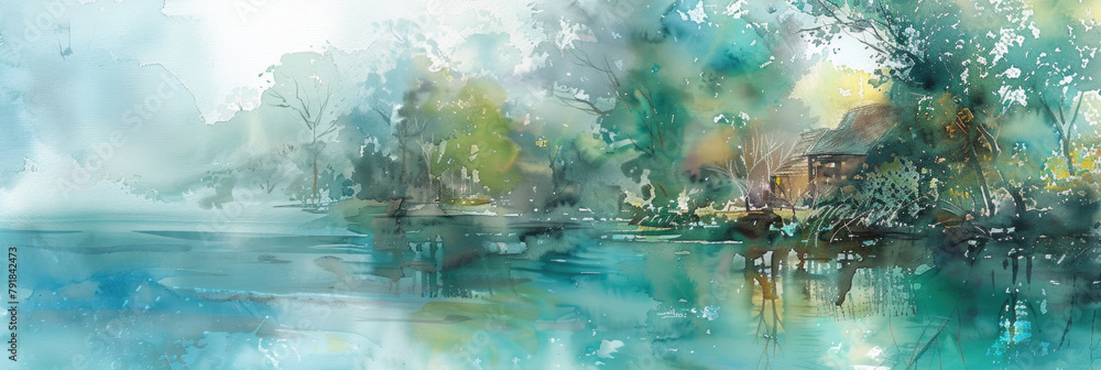 A painting depicting a serene lake with lush trees in the background, capturing the beauty of nature in a peaceful setting