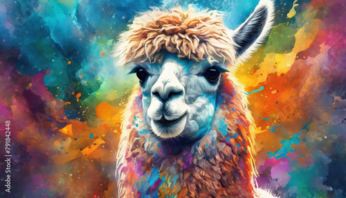 A colorful llama is the main subject of the painting